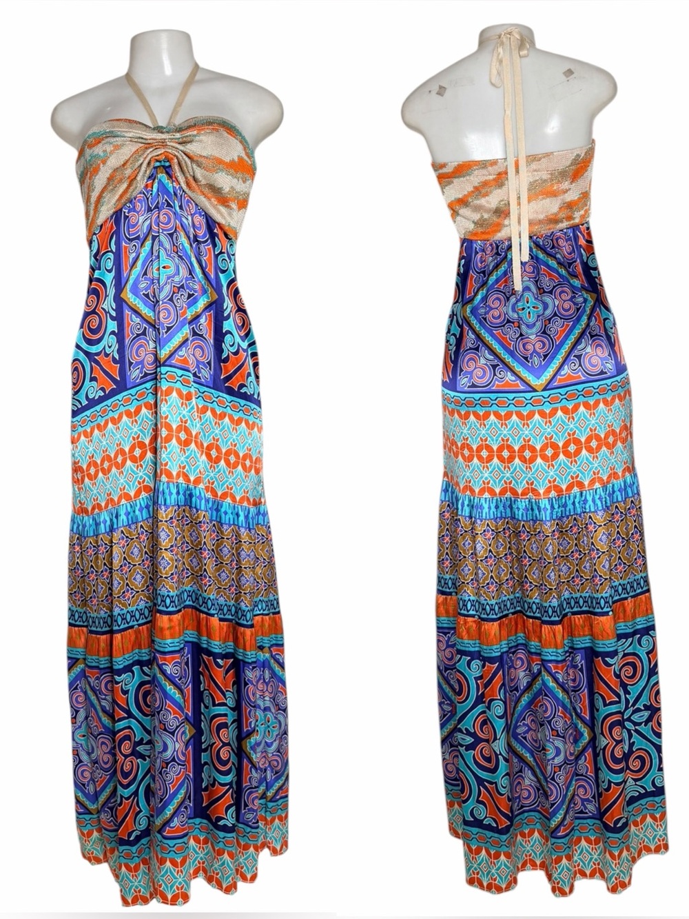 Hale Bob Silk Blend Y2K Boho Halter Maxi Dress S Orange Blue Print